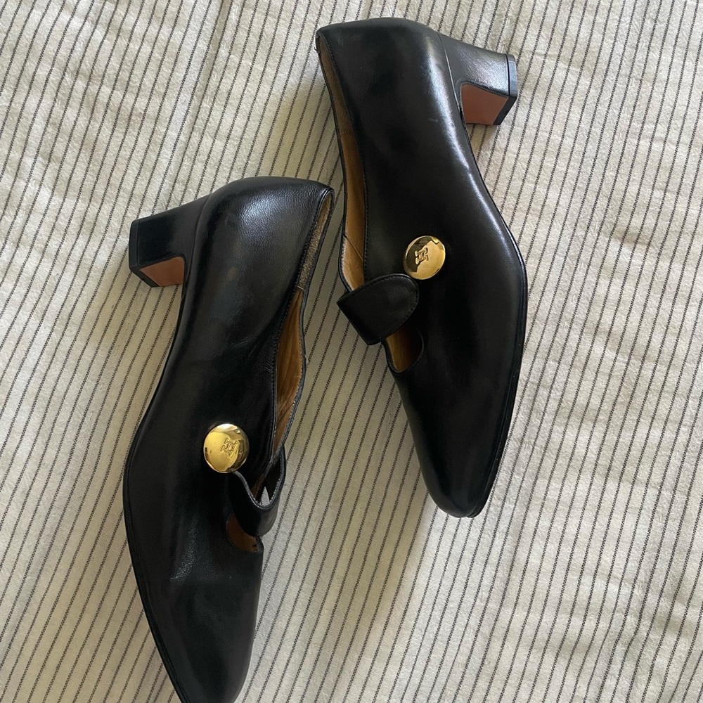 Paco Herrero Black Leather Flats with Gold Accent